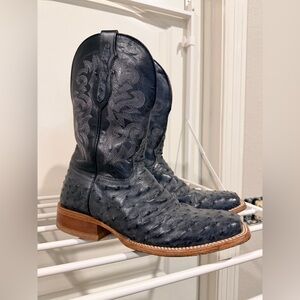Tony Lama Black Square Toe Ostrich Cowboy Boots